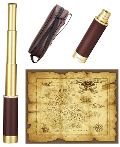 Retro Pirat Teleskop mit Schatzkarte Monokular 25x30 Zoomable Vintage Kapitän Jack Spyglass BAK-4 Linse Fernrohr Kinder Faltbar Tragbar Pocket Monokular Erwachsene