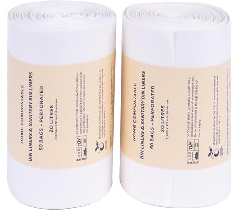 Pro-kleen Sanitary Bin Liner Bags, 100 Biodegradable Hygienic Compostable Trash Rubbish Disposal Bags for 20L Sani or Kitchen Waste Bins For Bathroom, Office, Swing Pedal Bins, Compostable (2 Rolls)