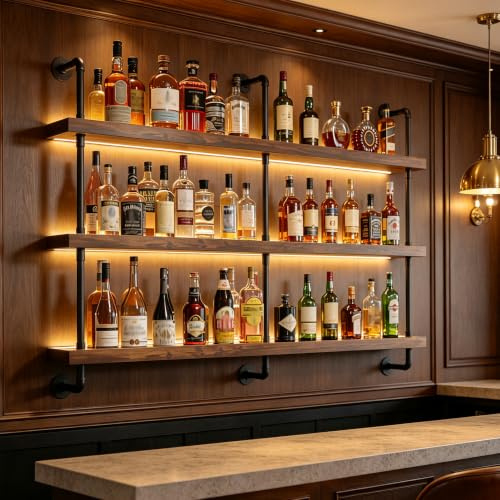 FKKPRVAX 120CM Großes Weinregal Wand Massivholz, 3 Ebenens chwebendes Flaschenregal im Industrie-Stil, Multi funktionaler Weinpareite Display Rack für Bars, Weinregal Wand Restaurants und Zuhause