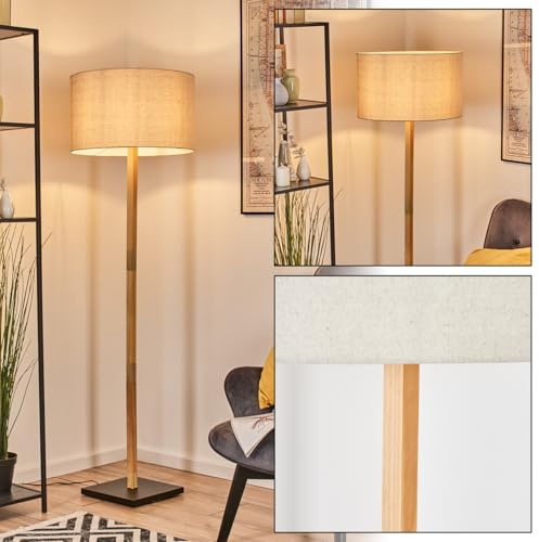 HOFSTEIN Stehleuchte Flemming, Stehlampe aus Metall/Holz im modernen Boho-Design, Schirm aus Stoff, Ø 50 cm, 172 cm, E27, mit Fußschalter - Wohnzimmer, Schlafzimmer, Esszimmer, Flur