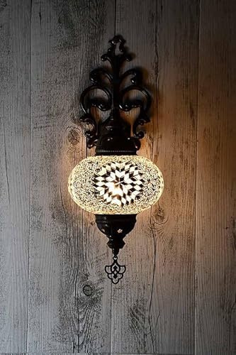 Halay Lampe Orientale - Applique Murale - Mosaïque - Turque - Marocaine - Ø 12 cm - Hauteur 28 cm - Fait main - Authentique - Blanc/trasparent