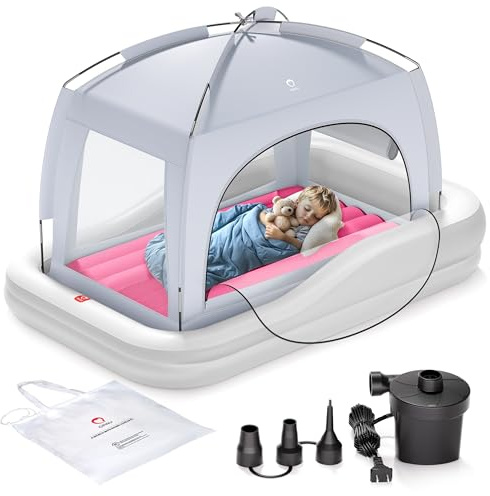 QPAU Inflatable Toddler Travel Bed with Tent, Portable Kids Air Mattress with Safety Bumpers, Ideal for Home, Grandma's, Camping, Traveling -Includes Fast Electric Pump (Grey & Red)