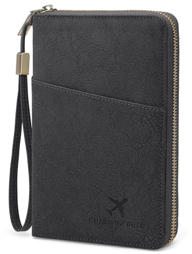 GOUNNU Porta Passaporto Custodia Passaporto da Viaggio con Blocco RFID Pelle PU Portatile Portapassaporto Cerniera Porta Documenti da Viaggio Famiglia Cover passaporto Uomo Donna (Nero)