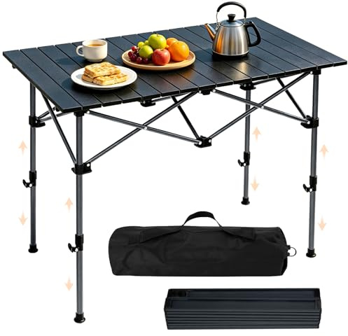 PQETBV Mesa de Camping Plegable 95x55X (50-80) cm, Mesa Plegable 100KG Cargable Tablero Enrollable, Mesa Plegable Playa con Bolsa de Transporte para Acampar, Picnic, Barbacoa, Patio, Fiesta
