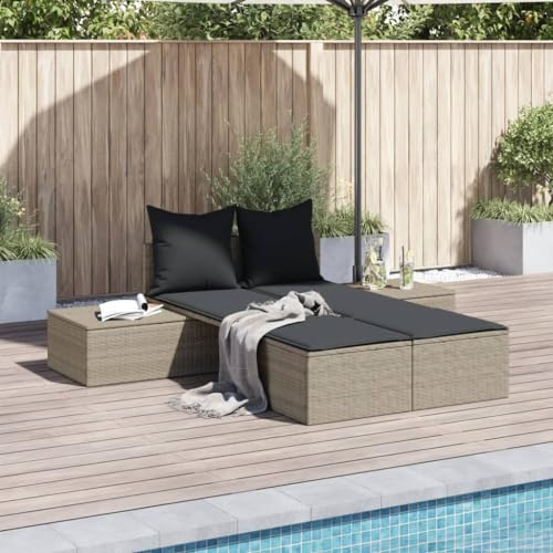 Mandloder Dubbel solstol ljusgrå av poly rotting med kudde, väderbeständig solstol, UV-resistent terrassstol 104 x 162 x 30 cm, stabil schäslong trädgårdsfåtölj för balkong pool strand