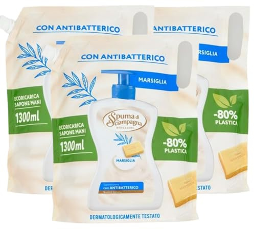 Spuma di Sciampagna Sapone Crema Liquido Marsiglia, Ricarica 1200ml, Azione Igienizzante con Antibatterico, Set di 3 Confezioni