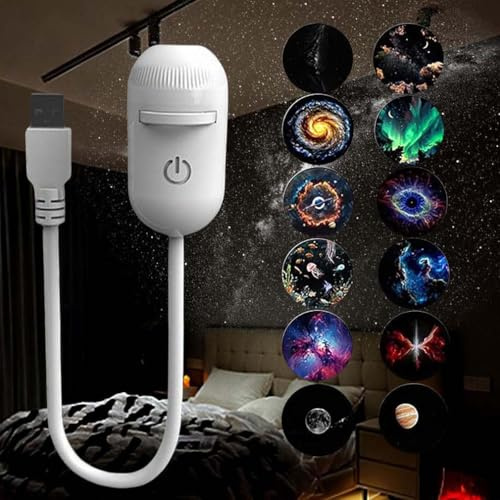 2-in-1 Starry Night Light Projector, 360° Adjustable LED Space Milky Way Lamp, Sternenhimmel Projektor mit Film-Discs, LED Projektor Sternenhimmel Nachttischlampe Planetarium Nachtlicht Kinder (12Stk)