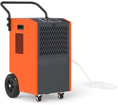 KOMFOTTEU Deshumidificador de Humedad Eléctrico 73 L/día, Deshumidificador Industrial Móvil con 4 Ruedas y Temporizador de 24 Horas, Antihumedad para Habitación 695 m³ para Garaje Sótano (Naranja)