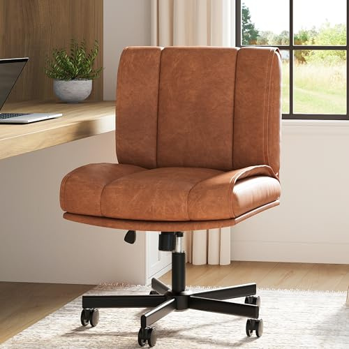 GarveeHome Schneidersitz Stuhl Bürostuhl ohne Armlehnen, Höhenverstellbarer Drehstuhl mit Rückenlehne, Ergonomisch, PU-Sitz, Rollen, bis 110kg belastbar, für Büro, Home Office & Schminktisch, Braun