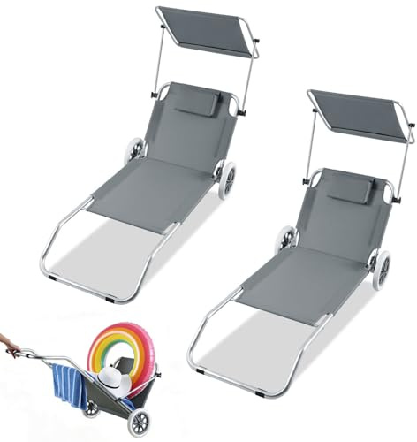 Ollewiellan 2X Strandliege mit Rädern Sonnendach, Aluminium Strandliege Klappbar Leicht bis 100kg, Rostfreie Rollliege verstellbar, Outdoor Liegestuhl Transporthilfe für Strand, Grau