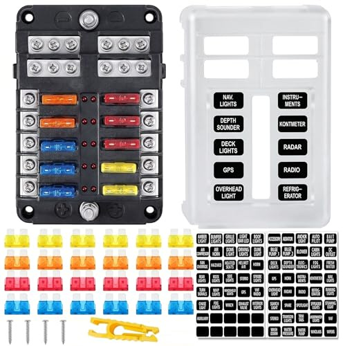 Sicherungshalter 12 Volt, 12 Fach ATO Block 12V/24V Negativ-Sammelschiene | 12v Sicherungskasten Mit LED Indikator, Staubschutzabdeckung, geeignet für Fahrzeuge & Marine