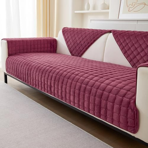 SHANNA Sofaschonbezug, für 1-, 2-, 3-, 4-Sitzer-Sofa, elastischer Stoff, Sofaschutz, Textil, weinrot, 4-Seater Chair + 1pcs Free Pillowcase