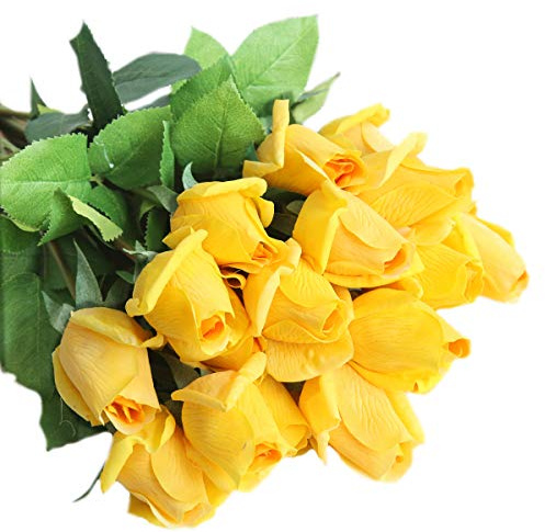 cn-Knight 12pcs Künstliche Rose Blumen,56m Seidenblume mit Blättern and Gel-beschichtete Blütenblätter,für Hochzeit,Brautstrauß,Heimdekoration,Einweihungsgeschenk,Mittelstück,Gelb