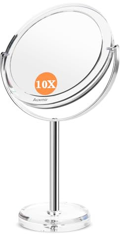 Auxmir 10X Magnifying Mirror with Tweezers, 6.8'' Double Sided 10X/1X Magnifying Makeup Mirror with Stand, 360° Rotation Bathroom Vanity Mirrors for Shaving, Dressing Table, Desktop, Bedroom