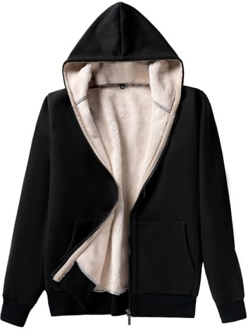 AOTORR Ladies Plain Hoodie Winter Warm Fleece Lined Zip Up Hooded Sweatshirt Jacket Coat for Women Black X-Large