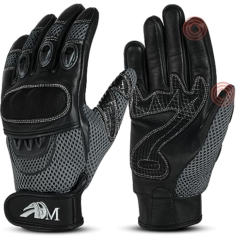 ADM Gants Moto Scooter Homme Cuir Homologués CE Tactile Logo Motard Été Hiver Doux Mi-Saison Souples Respirants Antidérapants, Réf. 9001, Gris Taille L