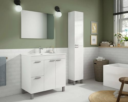 Dmora - Meuble sous-vasque Lakewood, Meuble de salle de bain, armoire 2 portes avec deux tiroirs avec miroir, lavabo non inclus, 80x45h80 cm, Blanc brillant