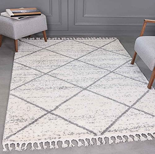 VIMODA Teppich Wohnzimmer Mikrofiber Weich Meliert mit Fransen Grau & Creme, Farbe:Creme, Maße:80x150 cm