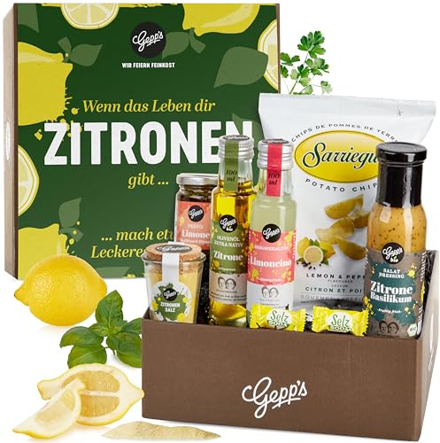 Gepp’s Feinkost Geschenkbox Zitrone I Geschenkset für Frauen & Männer I Präsentkorb gefüllt mit Delikatessen: BIO Olivenöl mit Zitrone, Pesto Limone uvm.