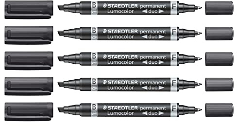 STAEDTLER Permanentmarker Lumocolor permanent duo, Marker mit dicker und dünner Spitze, wisch- und wasserfest, schnelltrocknend, nachfüllbar, lange Lebensdauer, 5 schwarze Marker, 348 B-9X