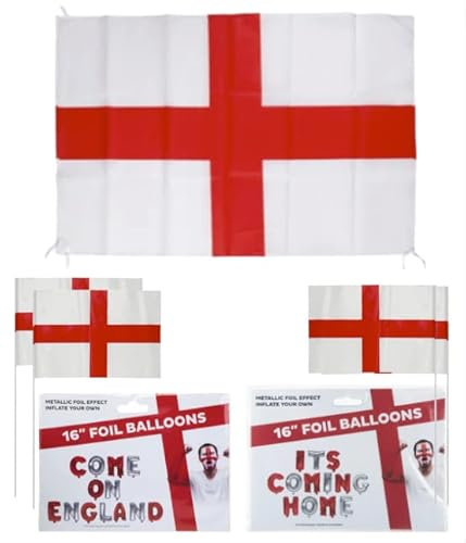 England Football Decorations - St George England Flag with String 76cm x 50cm & x4 St George Plastic Hand Flags with Sticks 12” x 8” PLUS X2 16” Foil Metallic Effect Balloons