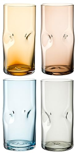 Leonardo Vesuvio Longdrinkglas Set 4-teilig - Becher aus hochwertigem Glas in organischer Form - Inhalt 330 ml - Handgemacht - Spülmaschinengeeignet - 4 Trinkgläser in unterschiedlichen Farben, 077380