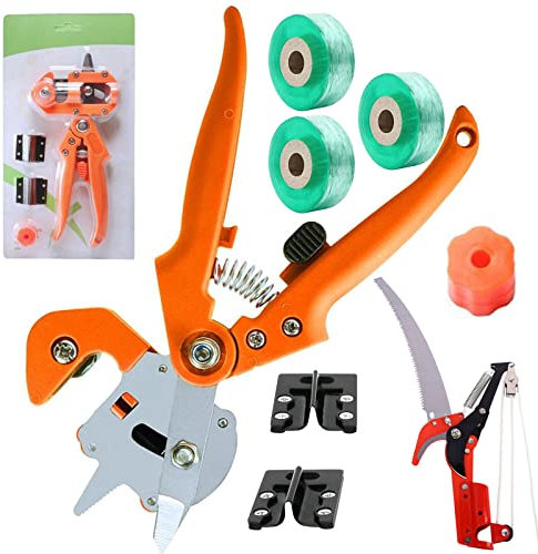 Okuliermesser für Obstbäume, Veredelungsschere Ratschenschere Garten Obstbaum Pfropfschere Obstbäume Pfropfen Schneidwerkzeug mit 3x SK5 Klinge Ersatzmesser Pfropfband, Orange,Style1