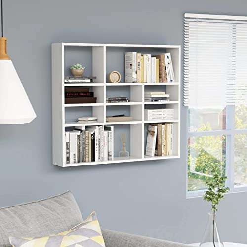 FIRBNUS Wandschrank mit 10 Offenen Fächern 90x16x78 cm Wohnzimmer Wandregale Hängeregal Regal Wand Schweberegal Wand Schubladenregal Schwebend Wandmontage Weiß Holzwerkstoff