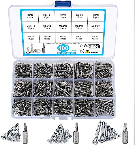 400 Pièces Vis Autotaraudeuses, Vis à Tête Fraisée Acier Inoxydable, Vis Autoperceuses à Tête Torx, Vis à Bois Cloison Sèche avec Forets-M3/M3,5/M4, 12mm/16mm/20mm/25mm/30mm/35mm (argent)