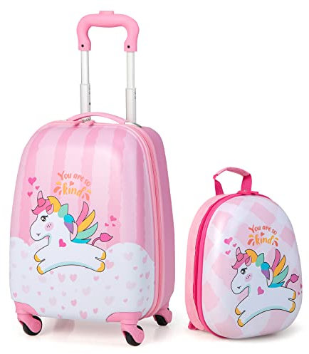 DREAMADE 2 TLG. Kinderkoffer & Rucksack, 16” +12” Kinderkofferset, Kindertrolley Kindergepäck, Handgepäck Reisegepäck Hartschalenkoffer für Kinder (Einhorn, 16 Zoll +12 Zoll)
