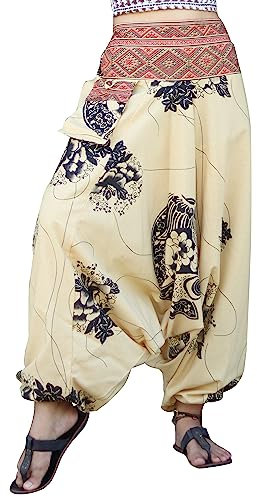RaanPahMuang Premium Baumwolle Yoga Harem Boho Hose für Frauen mit Seitentasche Hippy Baggy Tribe Pants, Gestreifte Baumwolle – Fisch-Blumenmuster – Biskuitcreme, Medium/Large