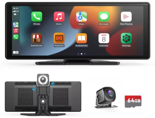 Portable Wireless Carplay& Android Auto Car Screen,10.26 Inch IPS Touchscreen with 4K Dashcam and HD Back-up Camera Support Bluetooth/Siri/Google/GPS/Mirror-Link, Double Din with 64G TF Card Included