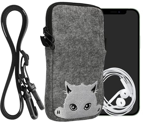 kwmobile Handytasche für Smartphones L - 6,5 - Filz Handy Hülle Grau Weiß - Handy Tasche mit Kette 16,5 x 8,9 cm Innenmaße - Neugierige Katze