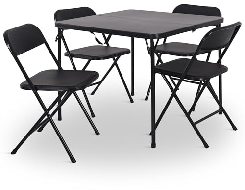 Campingtisch, klappbar, Set mit 4 Stühlen, faltbar, Garten, Outdoor & Camping, Tisch 86 cm x 86 cm, Belastbarkeit Stühle 110 kg, leicht & flexibel, Stabiler Metallrahmen, Jonas, Schwarz/Schwarz