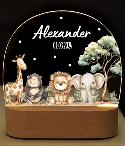 Bärenfreunde® - Personalisiertes Nachtlicht für Babys - Individuelle Nachttischlampe für Kinder - Personalisierte Geschenke Kinder - Babygeschenk - Geschenk zur Geburt (Safari Tiere)