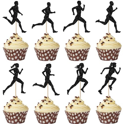 Xsstarmi 24 Pack Running Cupcake Toppers Glitter Sports Fitness Cupcake Picks for Sports Theme Running Baby Shower Boys Girls Birthday Party Cake Decorations Supplies Black