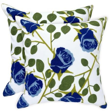 Alysheer Juego de 2 fundas de almohada decorativas bordadas florales de 18 x 18 pulgadas, funda de cojín de algodón bordada de casa de campo con patrón de rosas azules para sofá, cama, sala de estar,