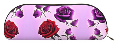 GaxfjRu Kompaktes und tragbares Stifteetui aus Leder mit rot-violetten Rosen, halbrunder Organizer mit galvanisiertem Reißverschluss, Federmäppchen