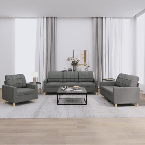 Willood 3-TLG. Sofagarnitur Mit Kissen Dunkelgrau Stoff Sofa mit Armlehnen und weichen Kissen, geeignet für Wohnzimmer, Holzbeinen,Couch