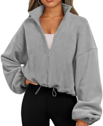Famulily Leichtes kurzes Sweatshirt für Reisen Damen Solide Farbe Langarm Strickjacken Top Herbst Winter Outfits Grau XL
