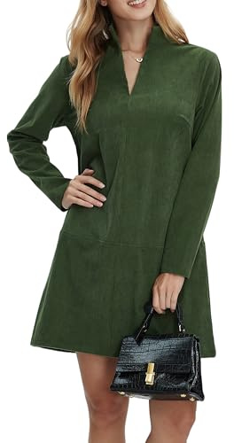EZAPINE Women Corduroy Dress V Neck Long Sleeve Casual Vintage Retro A Line Mini Dresses Green