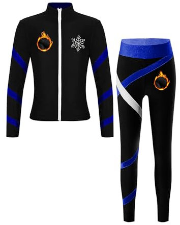 Yruioon Kinder Eiskunstlauf Anzug Mädchen Trainingsanzug Fleece Sportanzug Eiskunstlauf Jacke Sweatjacke + Hose Gym Fitness Sport Set Blau 134-140