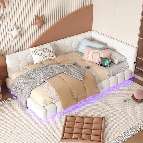 Gegtuon Polsterbett Bett 90x200 mit USB-LED-Licht, Kinderbett Schlafsofa Sofabett mit Bettgestell, Tagesbett Bettrahmen mit Lattenrost, Wohnzimmer Schlafzimmer Möbel, ohne Matratze, Vliesimitat, Weiß