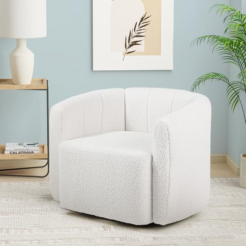 RELAX4LIFE Barrel-Stuhl gepolstert, Akzentstuhl mit Armlehnen & 360° Schwenk-Metallbasis, Relaxsessel in Kürbis-Form, bis zu 160 kg belastbar, Einzelsofa für Wohnzimmer Schlafzimmer Kinderzimmer, Weiß