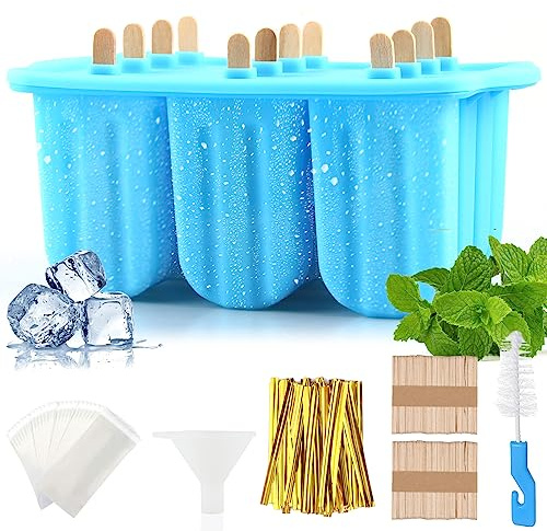 Eisformen Eis am Stiel,12 Hohlraum Eisformen Silikon mit Stöcken, Eis Am Stiel Formen Mit Silikontrichter Und Reinigungsbürste, Popsicle Formen Set für Baby, Kinder, Erwachsene (Blau)