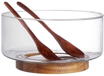 LiTY Glass Salad Bowl Set, 9″ Medium Salad Servers with Acacia Wood Base and Salad Serving Utensils, for Party, Fruits, Popcorn, Chips, Pasta, Kitchen Must-Have