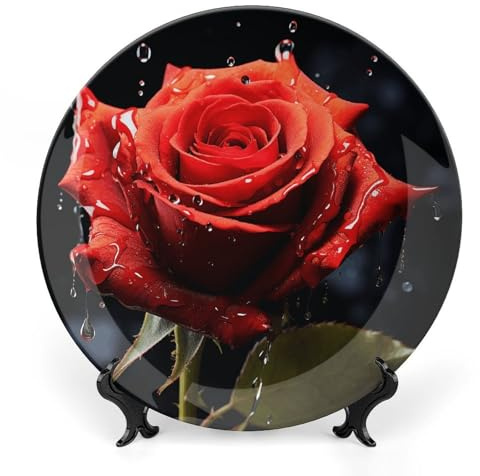 DWTJKMS Rote Rose mit roten Spritzern, dekorativer Teller aus Knochenporzellan, 15,2 cm, bedrucktes Muster, Keramikteller mit Präsentationsständer, Speiseteller, Kunsthandwerk, Ornamente zum Aufhängen