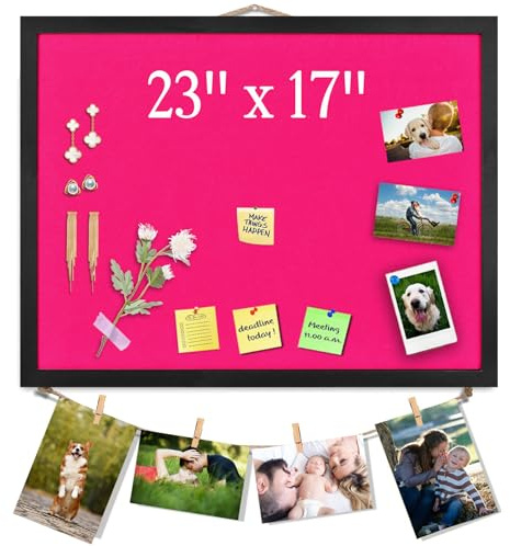 Große Pinnwand aus Kork mit Filz, 58,4 x 43,2 cm, für Wände, Schreibtisch, Schmuck, Notizen, Sammlung, Fotos, Büro, schwarz gerahmt und rosa Filztafel, 1 Stück