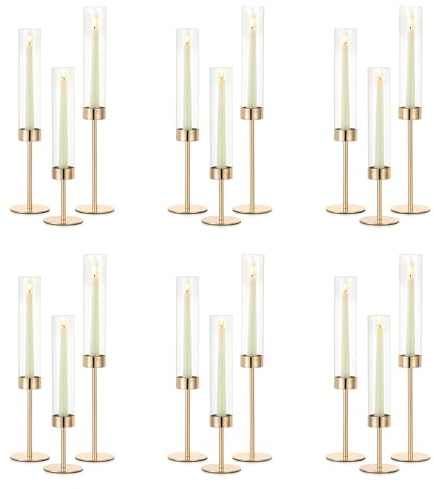NUPTIO Candle Stick Holder for Wedding: 18 Pcs Tall Hurricane Gold Candles Holder with Clear Glass Chimney Cover - Tapered Candlestick Decor Bulk for Party Centerpiece