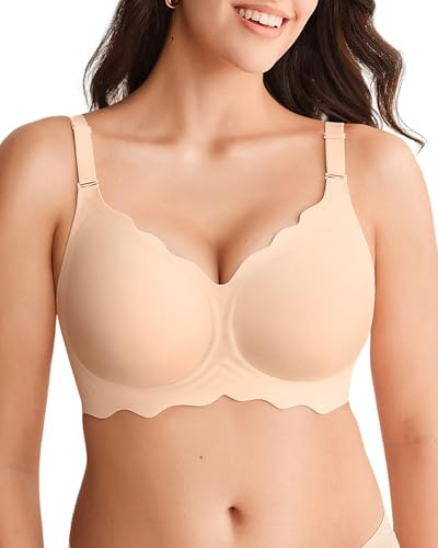 SHARICCA Smidig BH dam utan bygel djup V-ringad push-up BH bralette mjuk bekväm bh icke-trådbunden bustier, beige, M